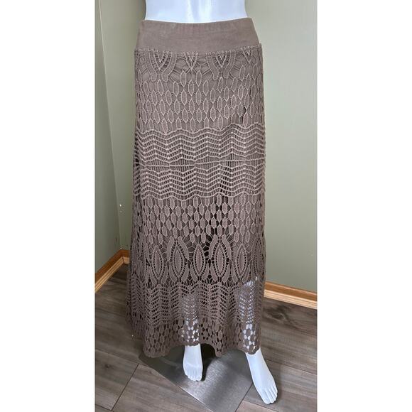 XCVI Crochet Maxi Skirt Brown Lacy Beachy Boho Lined Slip On Size Medium - Picture 1 of 7